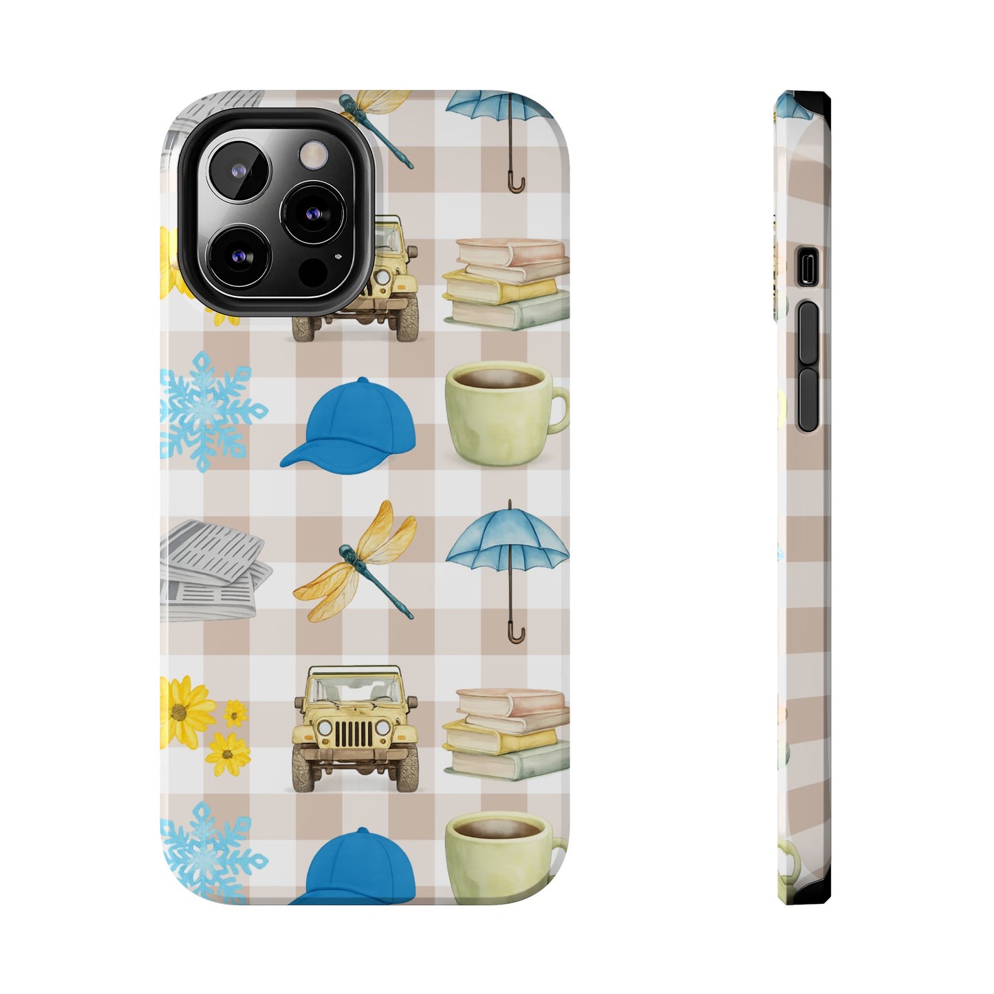 Floral Plaid Tough Phone Case — Coffee, Jeep & Cozy Icons Protective Cover