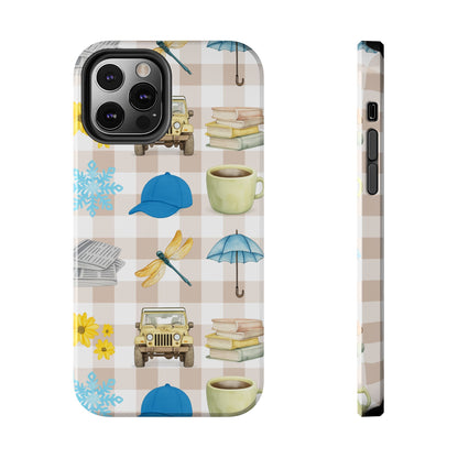 Floral Plaid Tough Phone Case — Coffee, Jeep & Cozy Icons Protective Cover