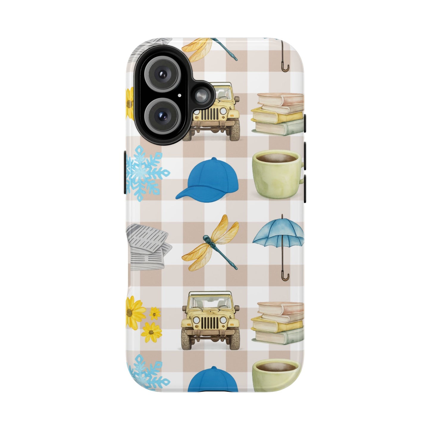 Floral Plaid Tough Phone Case — Coffee, Jeep & Cozy Icons Protective Cover