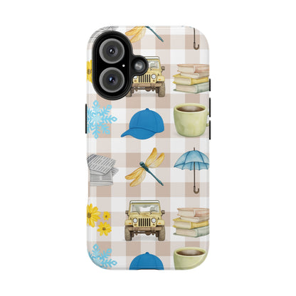 Floral Plaid Tough Phone Case — Coffee, Jeep & Cozy Icons Protective Cover