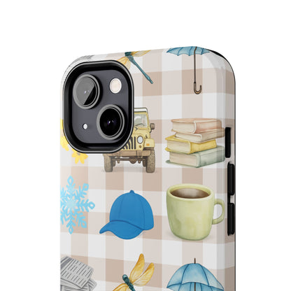 Floral Plaid Tough Phone Case — Coffee, Jeep & Cozy Icons Protective Cover