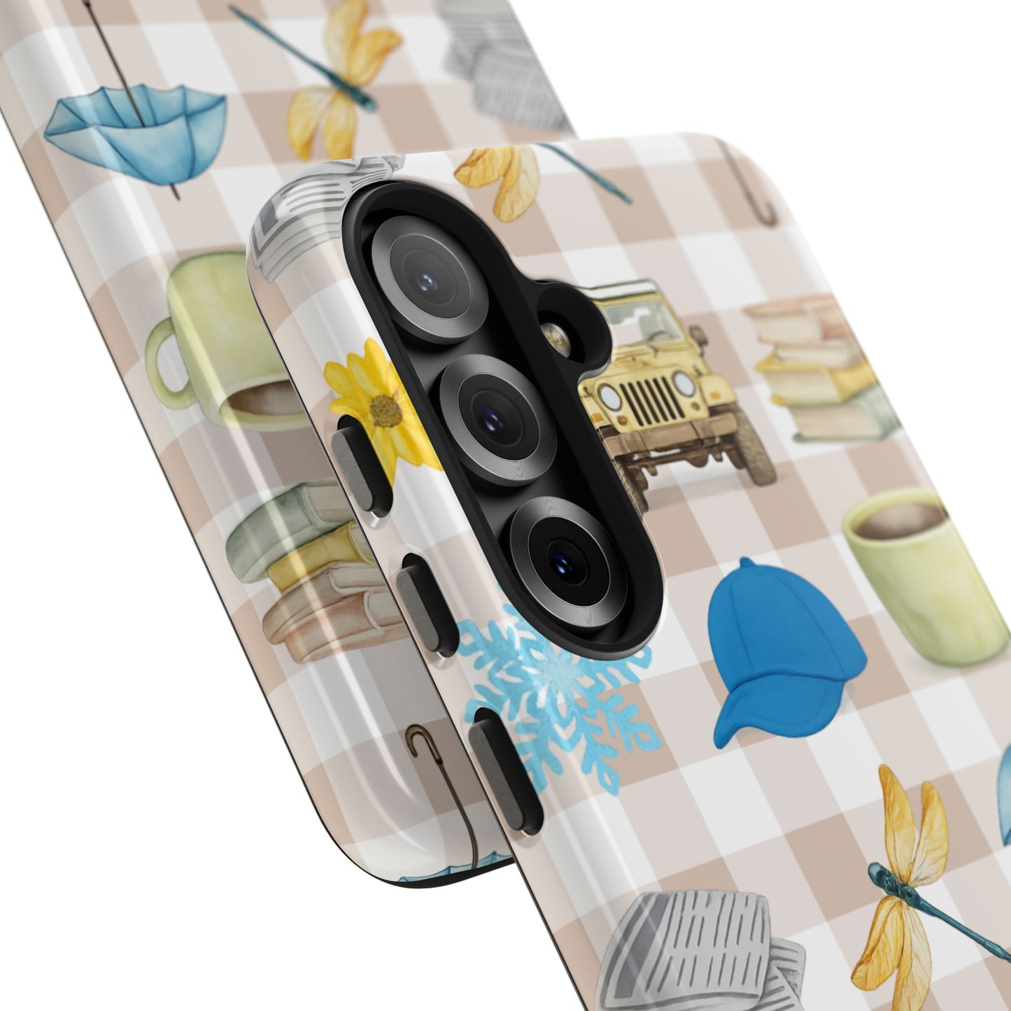 Floral Plaid Tough Phone Case — Coffee, Jeep & Cozy Icons Protective Cover