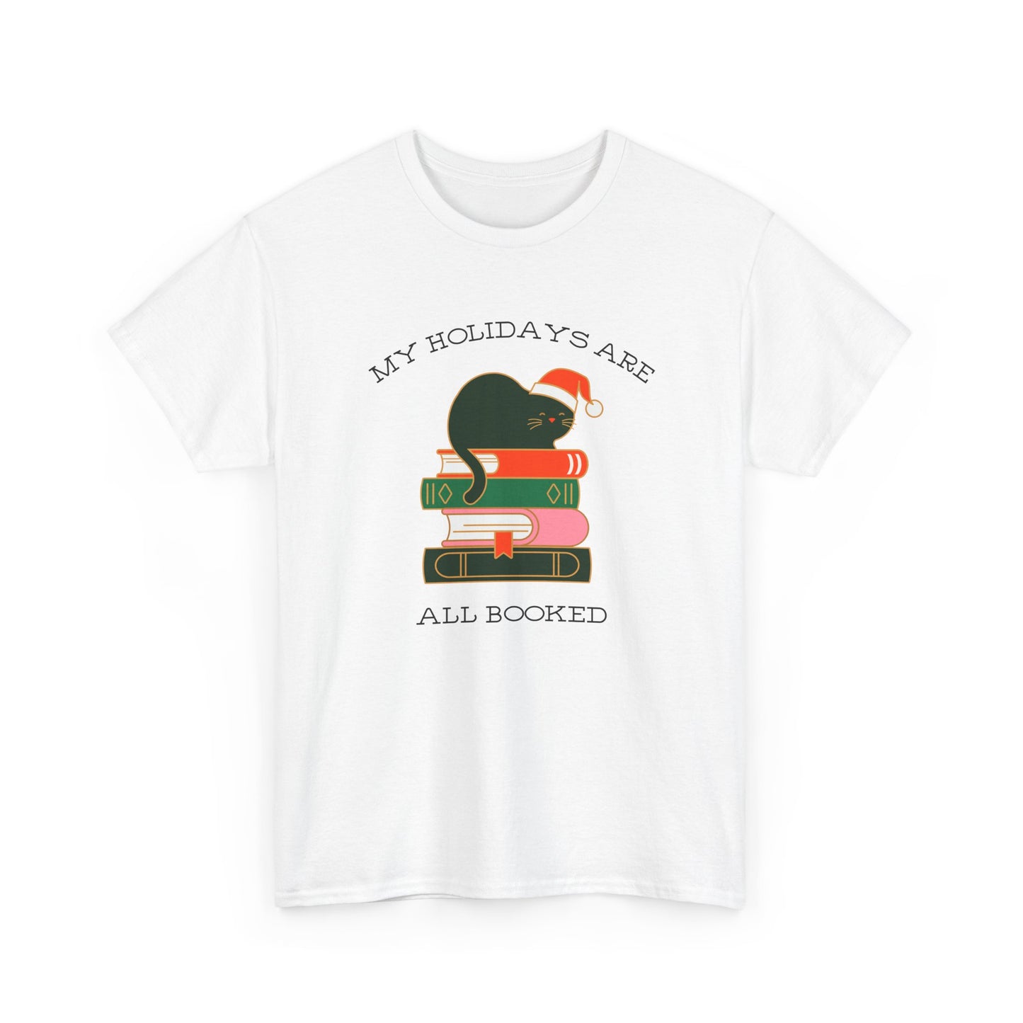 Festive Bookstack Cat Tee- Holiday Book Stack
