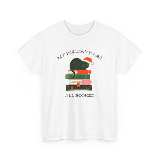 Festive Bookstack Cat Tee- Holiday Book Stack