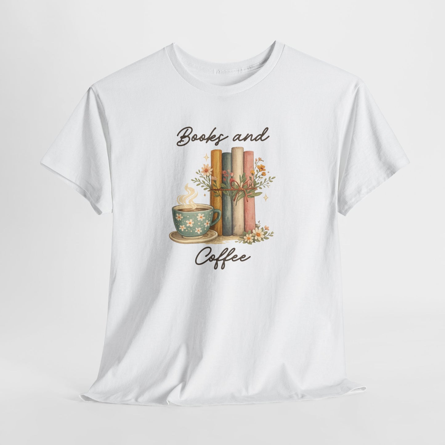 Books and Coffee T-Shirt — Cozy Reading Tee with Cup & Stacked Books