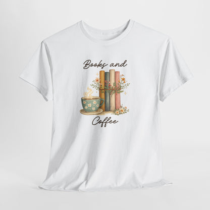 Books and Coffee T-Shirt — Cozy Reading Tee with Cup & Stacked Books