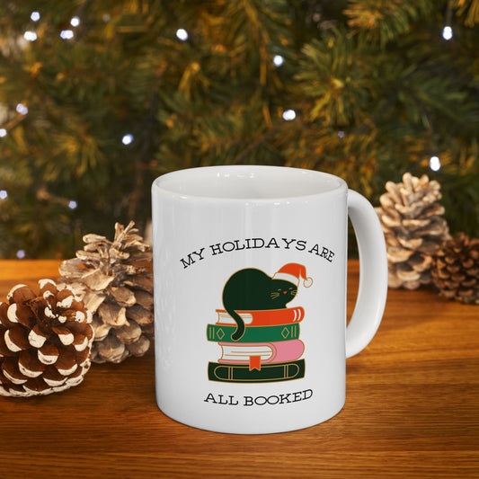 Holiday Bookstack Cat Mug-Cute Literary Coffee Mug
