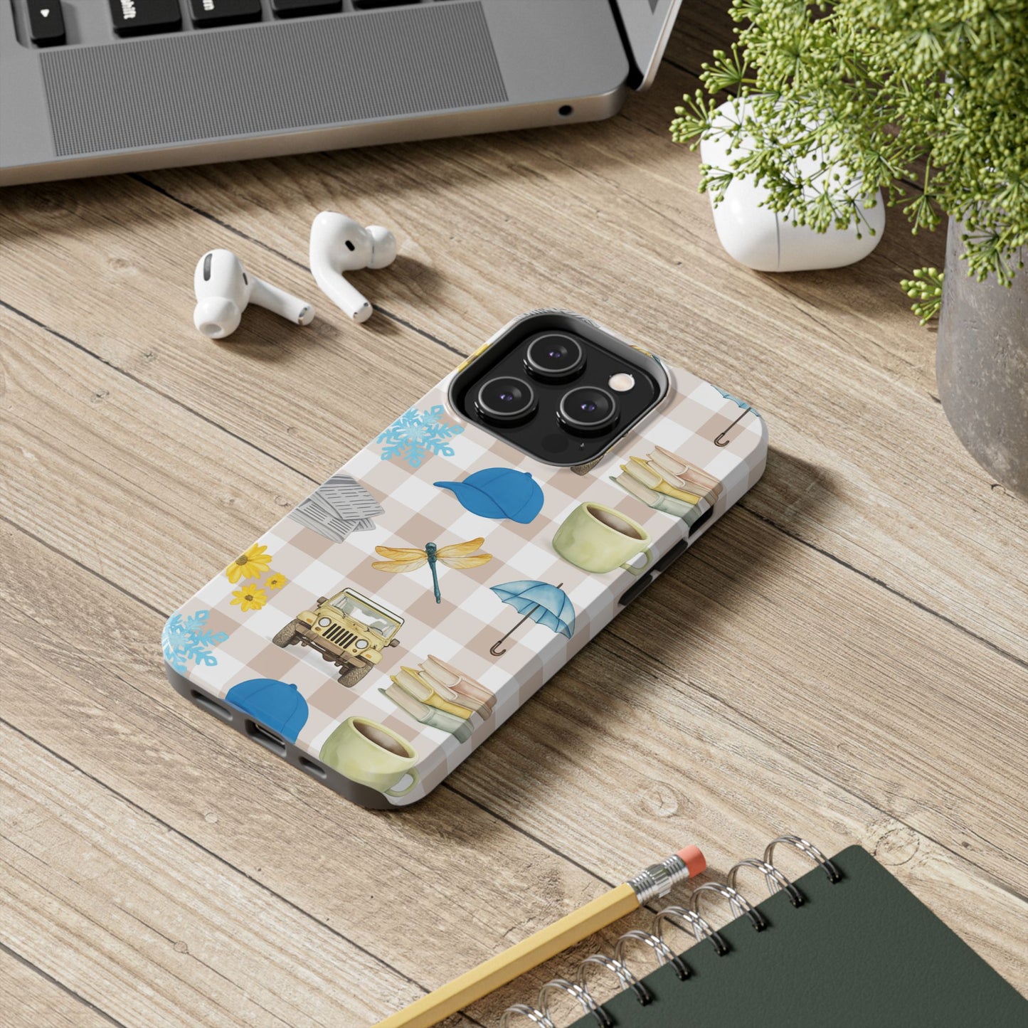 Floral Plaid Tough Phone Case — Coffee, Jeep & Cozy Icons Protective Cover