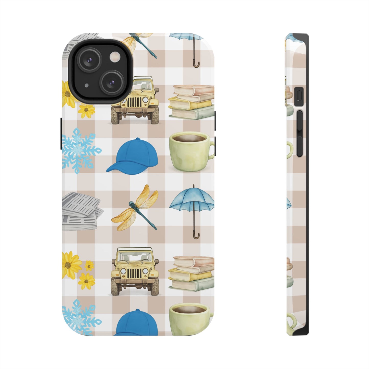Floral Plaid Tough Phone Case — Coffee, Jeep & Cozy Icons Protective Cover