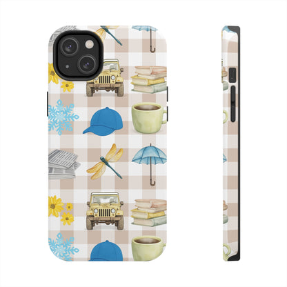Floral Plaid Tough Phone Case — Coffee, Jeep & Cozy Icons Protective Cover