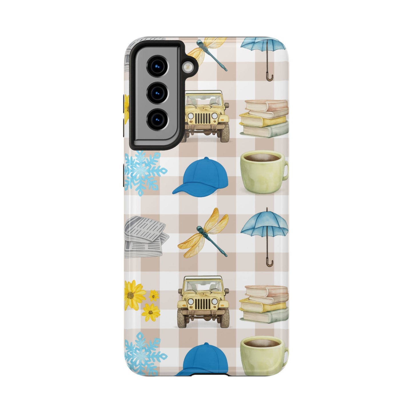 Floral Plaid Tough Phone Case — Coffee, Jeep & Cozy Icons Protective Cover