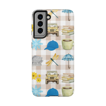 Floral Plaid Tough Phone Case — Coffee, Jeep & Cozy Icons Protective Cover