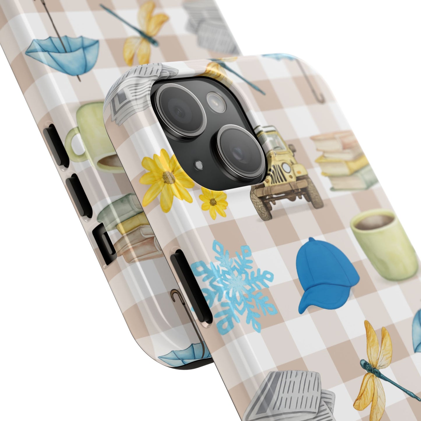 Floral Plaid Tough Phone Case — Coffee, Jeep & Cozy Icons Protective Cover