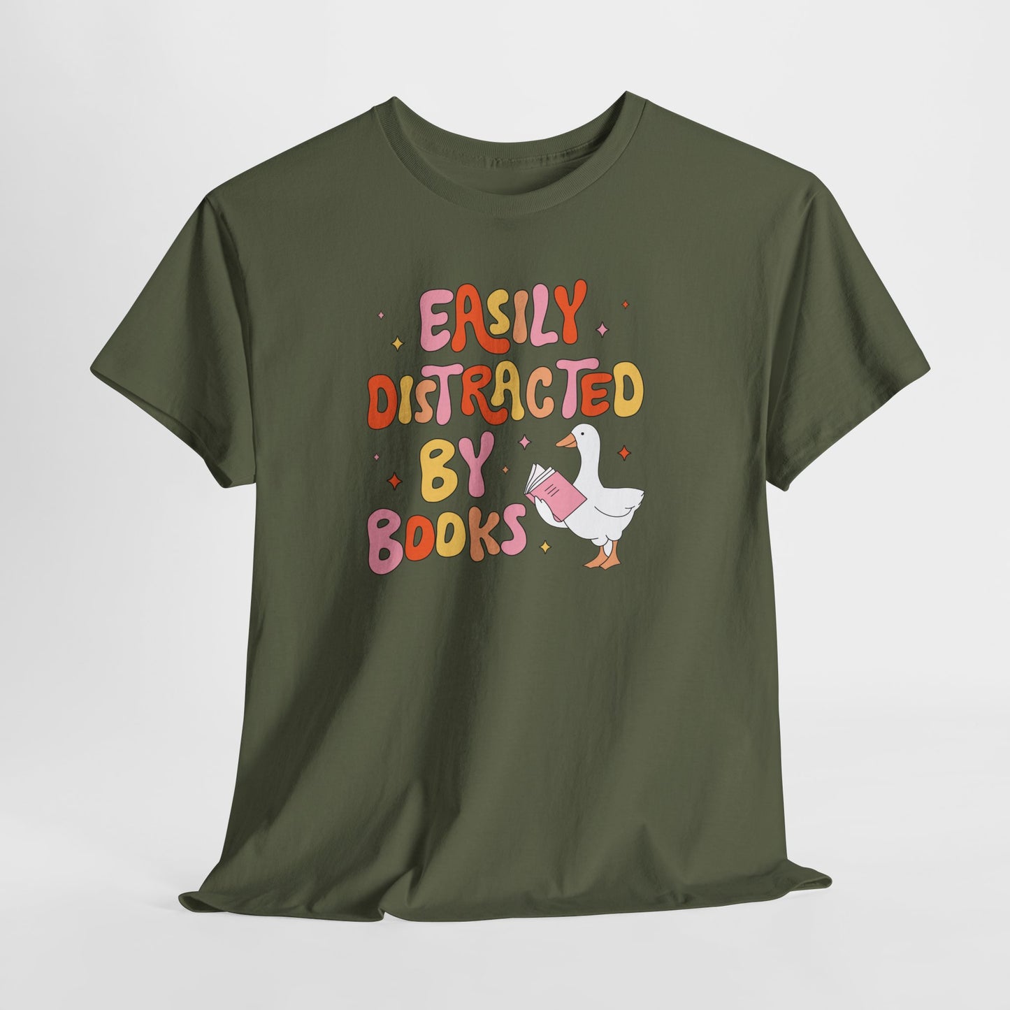 Book Lover T-Shirt — “Easily Distracted By Books” Cute Duck Reading Tee