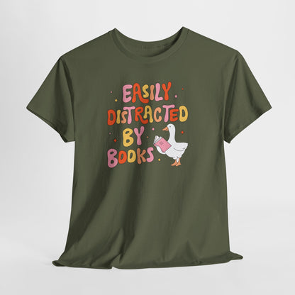 Book Lover T-Shirt — “Easily Distracted By Books” Cute Duck Reading Tee