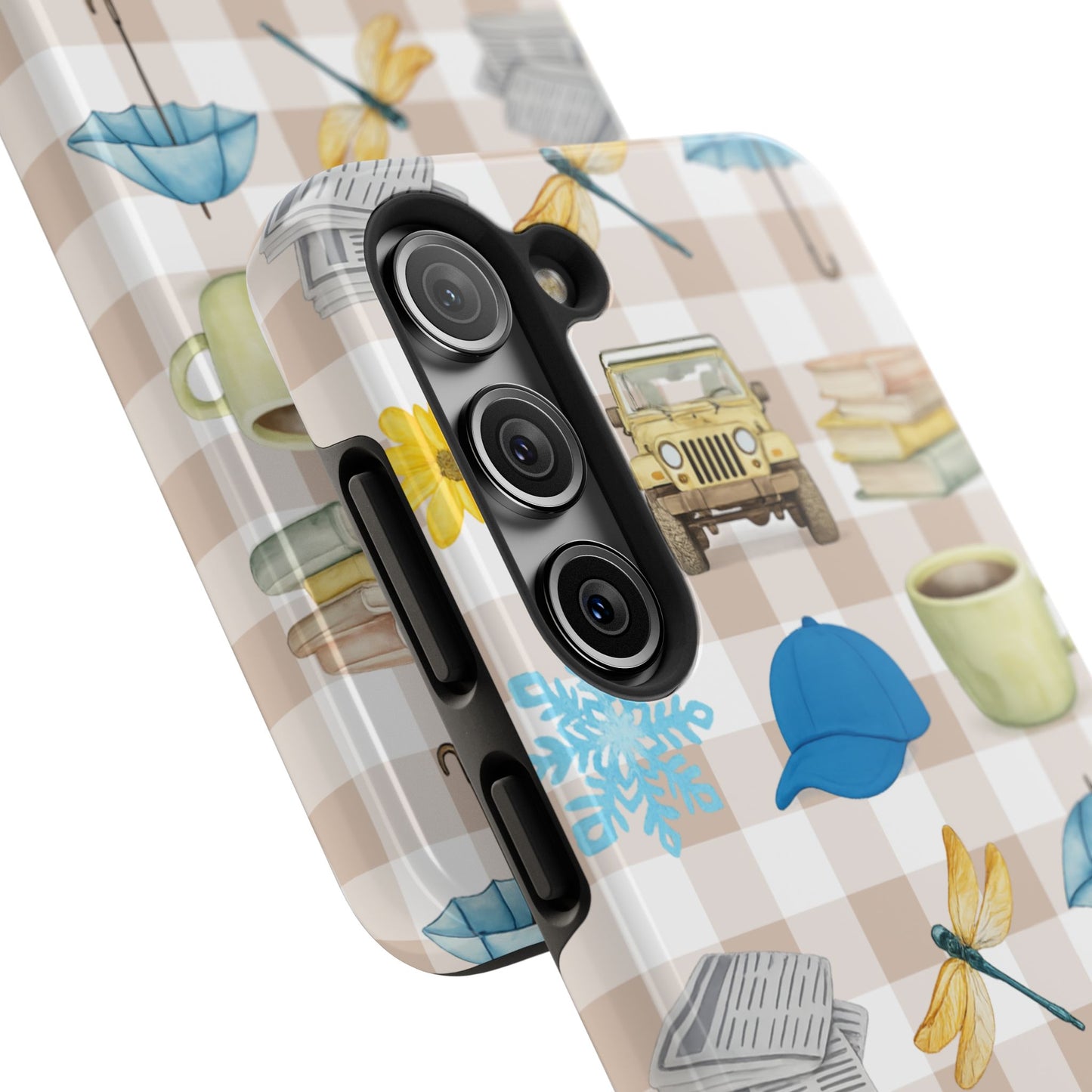 Floral Plaid Tough Phone Case — Coffee, Jeep & Cozy Icons Protective Cover