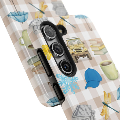Floral Plaid Tough Phone Case — Coffee, Jeep & Cozy Icons Protective Cover