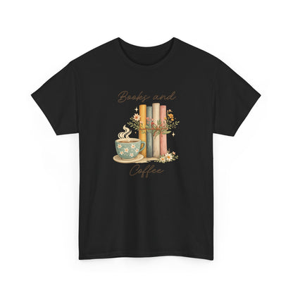 Books and Coffee T-Shirt — Cozy Reading Tee with Cup & Stacked Books