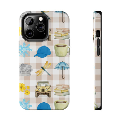 Floral Plaid Tough Phone Case — Coffee, Jeep & Cozy Icons Protective Cover