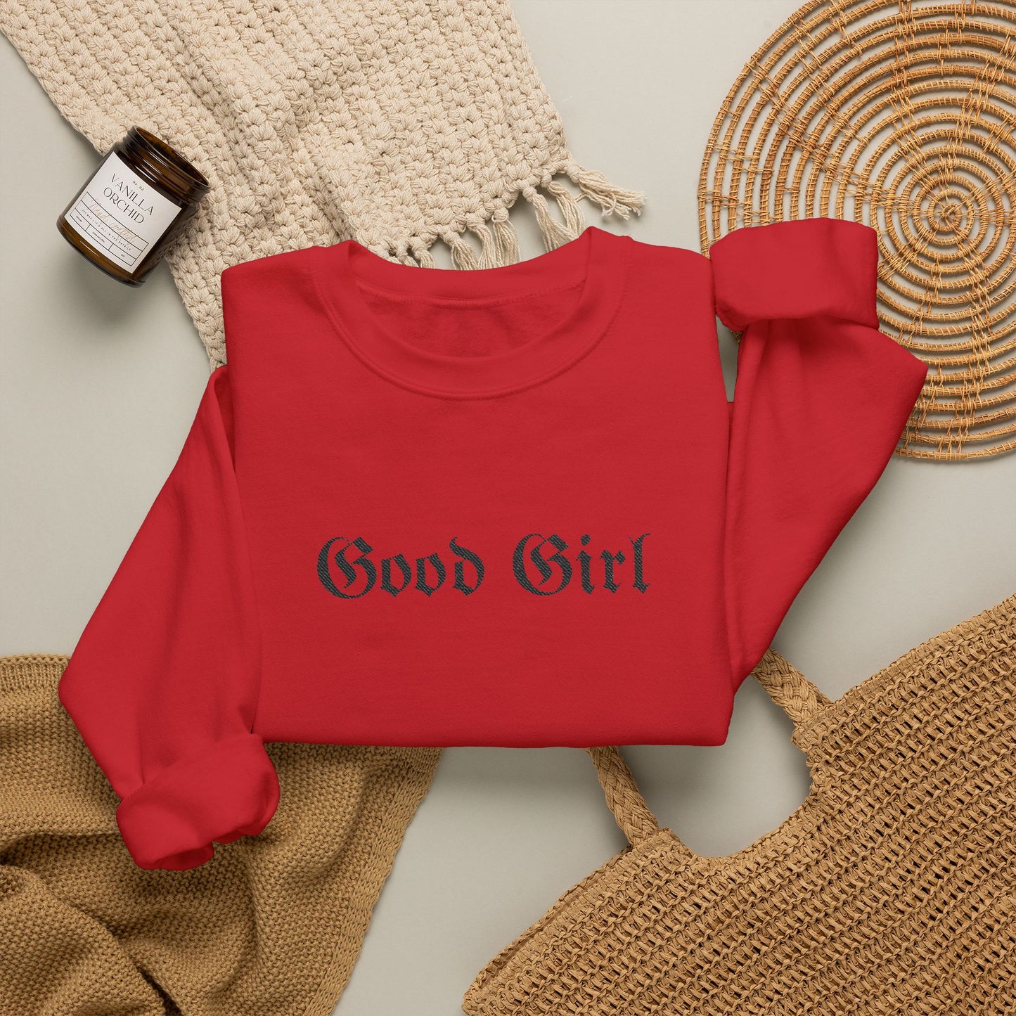Good Girl Embroidered Crewneck Sweatshirt-Black Font