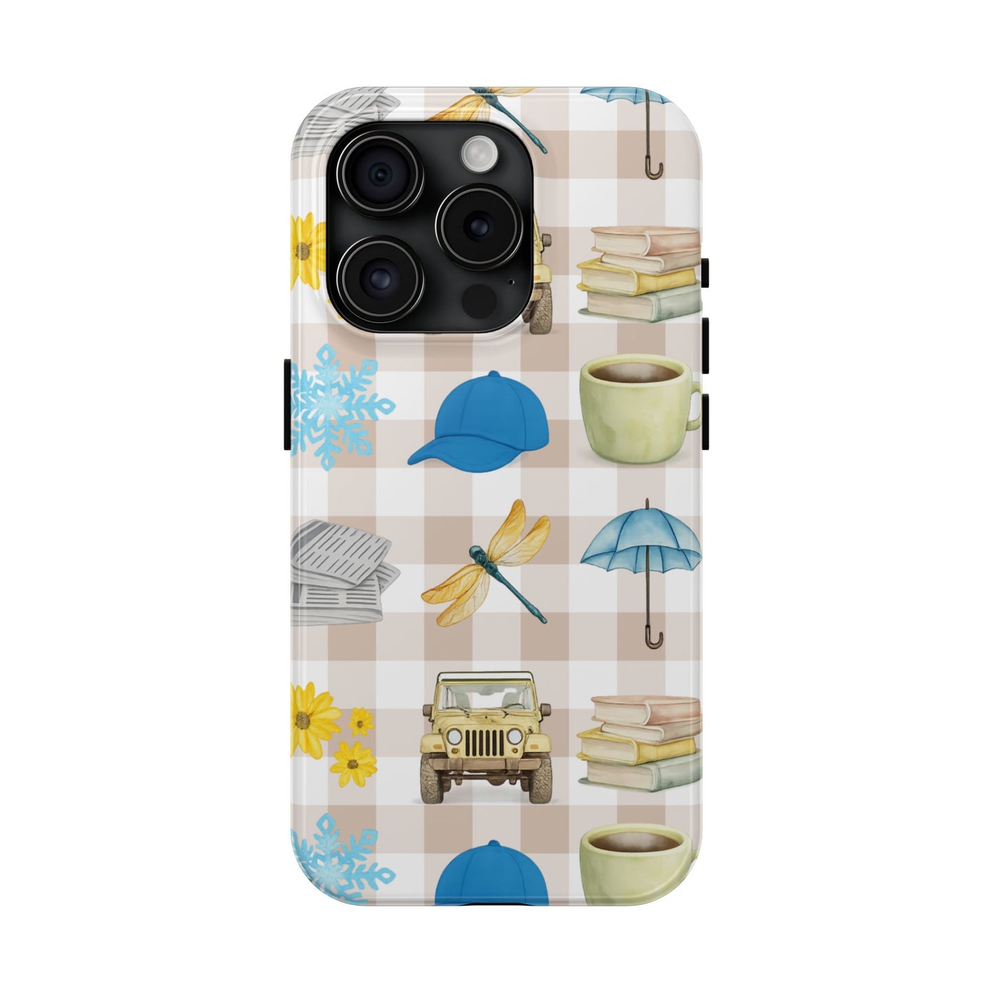 Floral Plaid Tough Phone Case — Coffee, Jeep & Cozy Icons Protective Cover