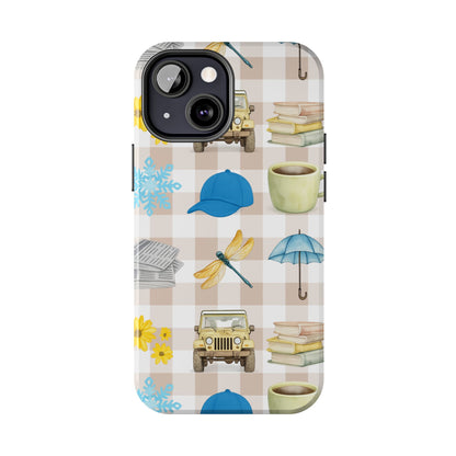 Floral Plaid Tough Phone Case — Coffee, Jeep & Cozy Icons Protective Cover