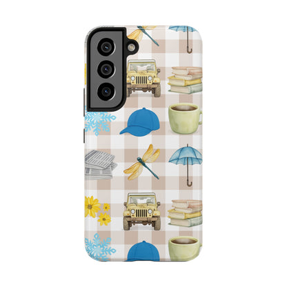 Floral Plaid Tough Phone Case — Coffee, Jeep & Cozy Icons Protective Cover