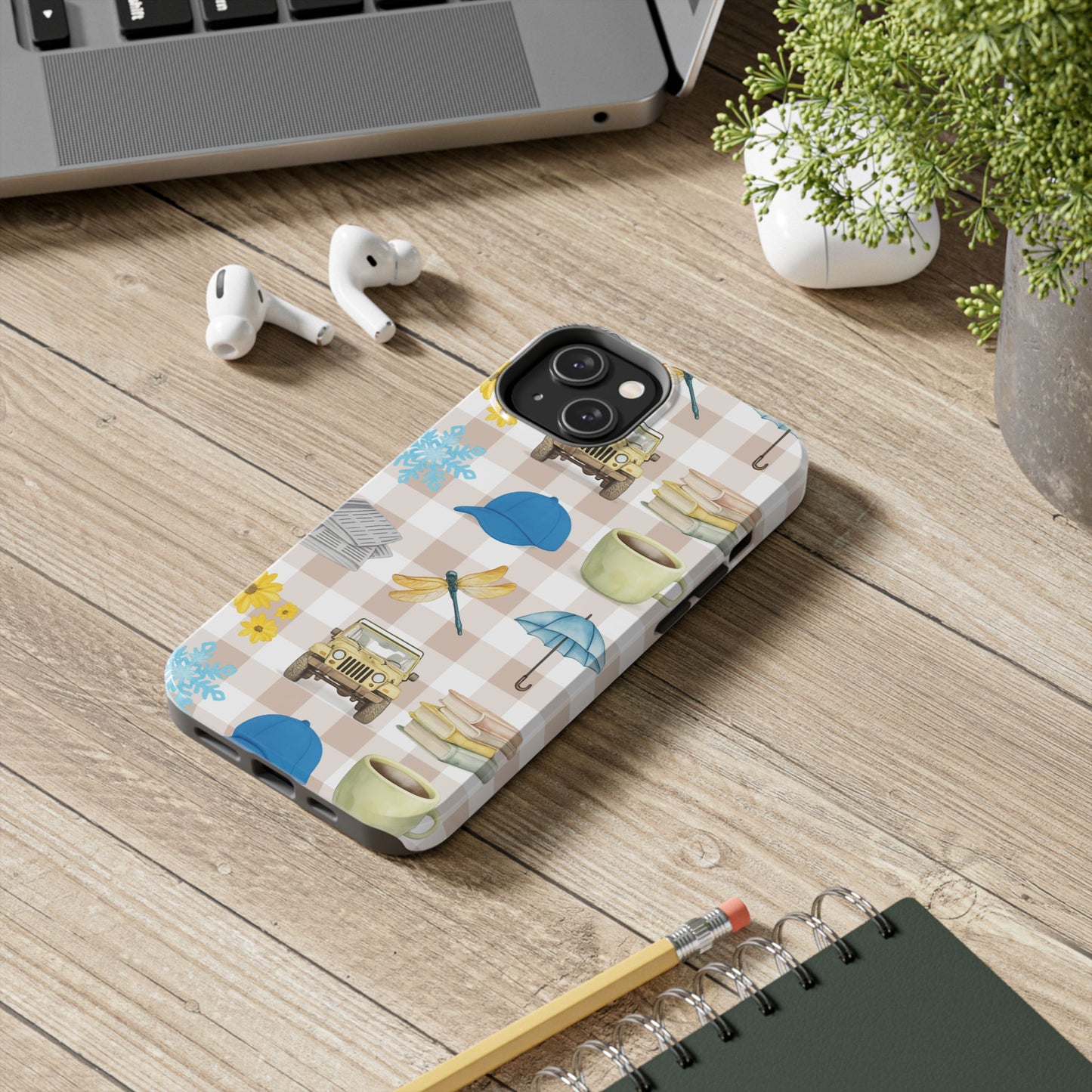 Floral Plaid Tough Phone Case — Coffee, Jeep & Cozy Icons Protective Cover