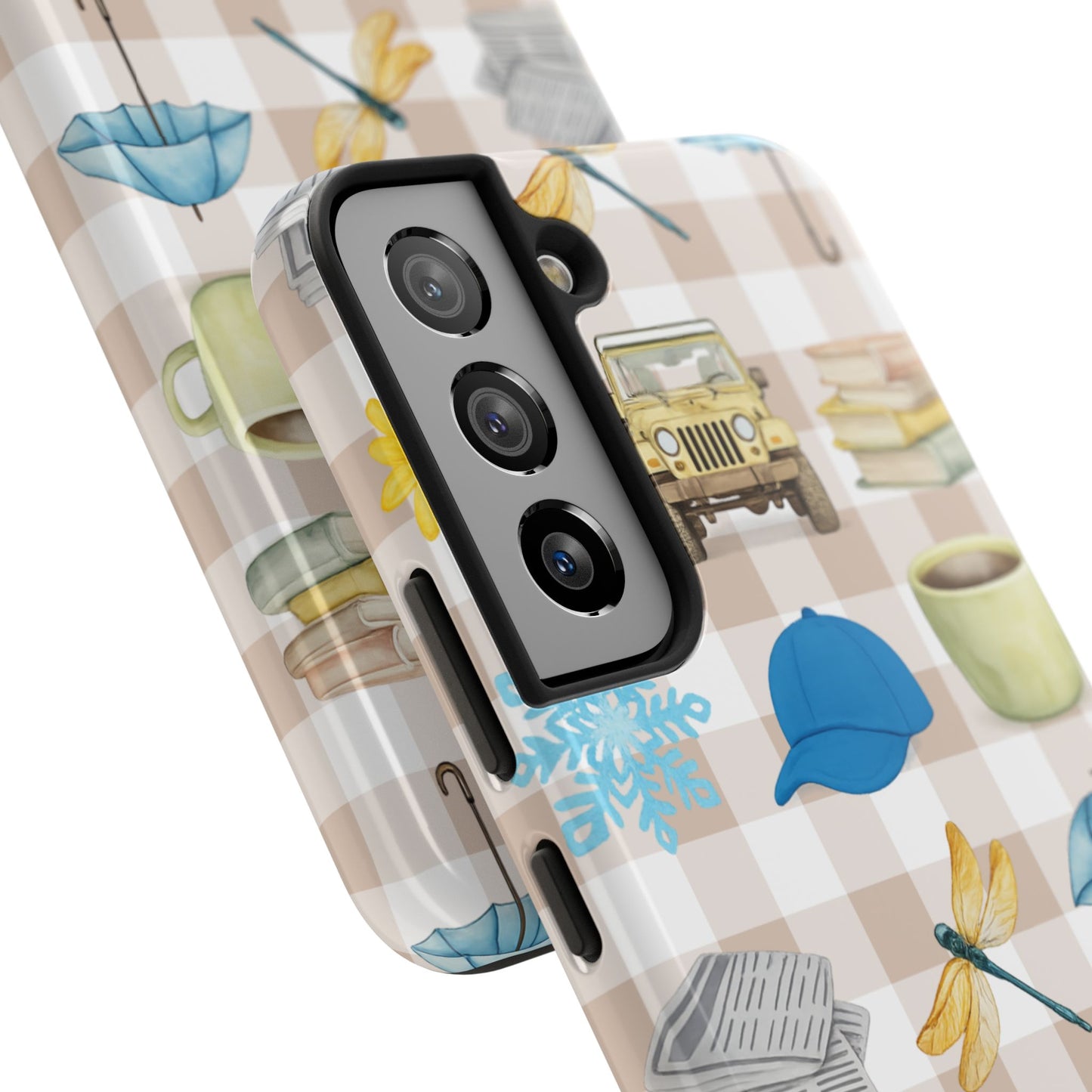 Floral Plaid Tough Phone Case — Coffee, Jeep & Cozy Icons Protective Cover