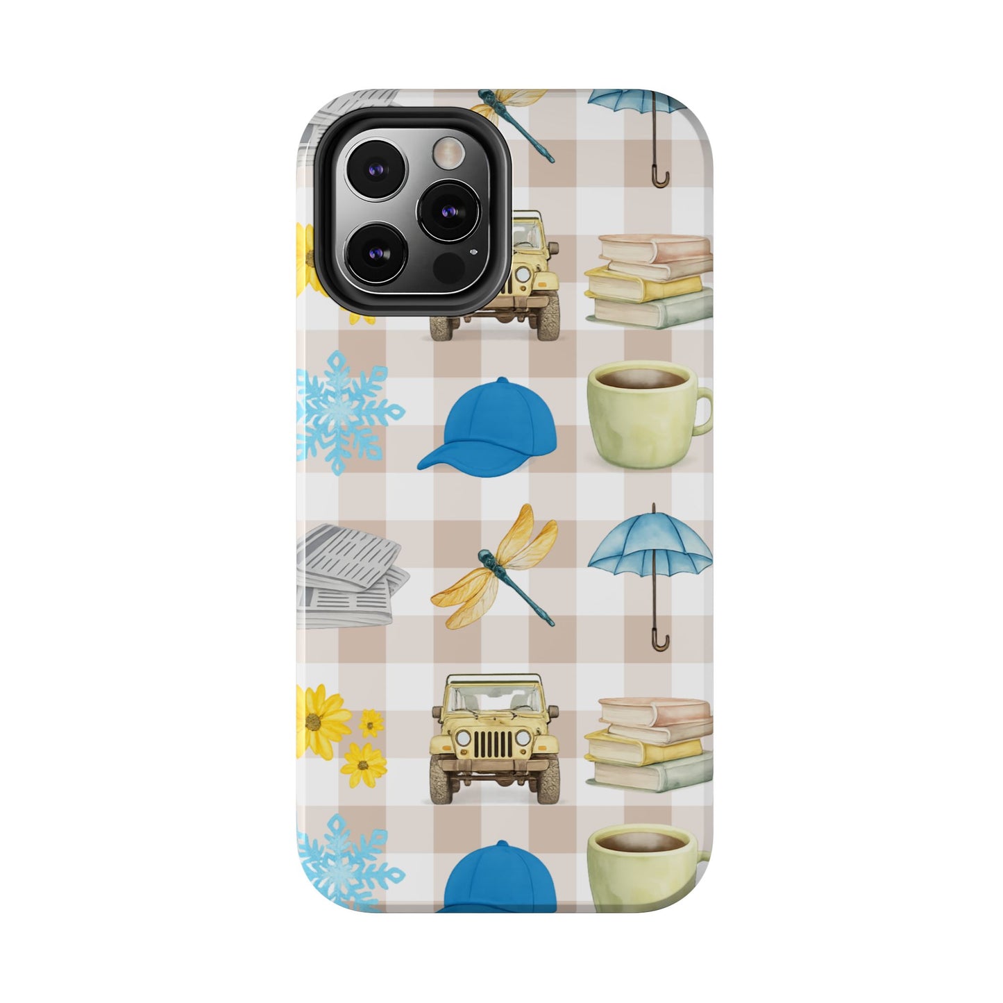 Floral Plaid Tough Phone Case — Coffee, Jeep & Cozy Icons Protective Cover