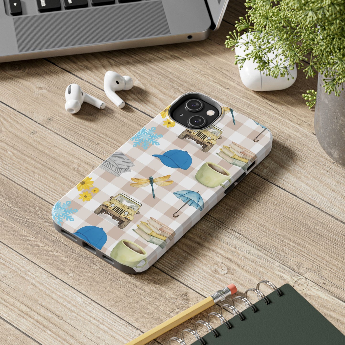 Floral Plaid Tough Phone Case — Coffee, Jeep & Cozy Icons Protective Cover