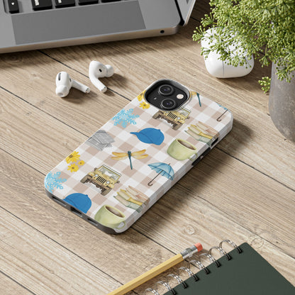 Floral Plaid Tough Phone Case — Coffee, Jeep & Cozy Icons Protective Cover