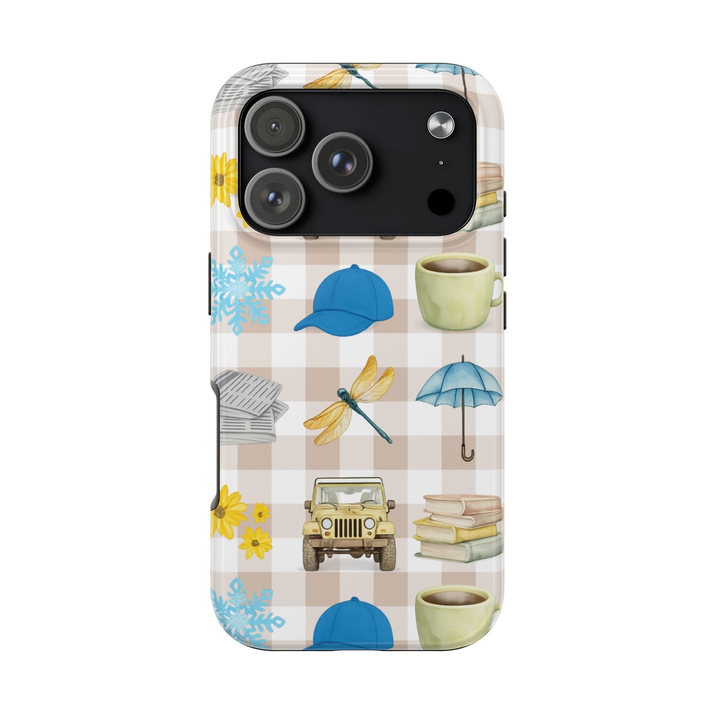 Floral Plaid Tough Phone Case — Coffee, Jeep & Cozy Icons Protective Cover