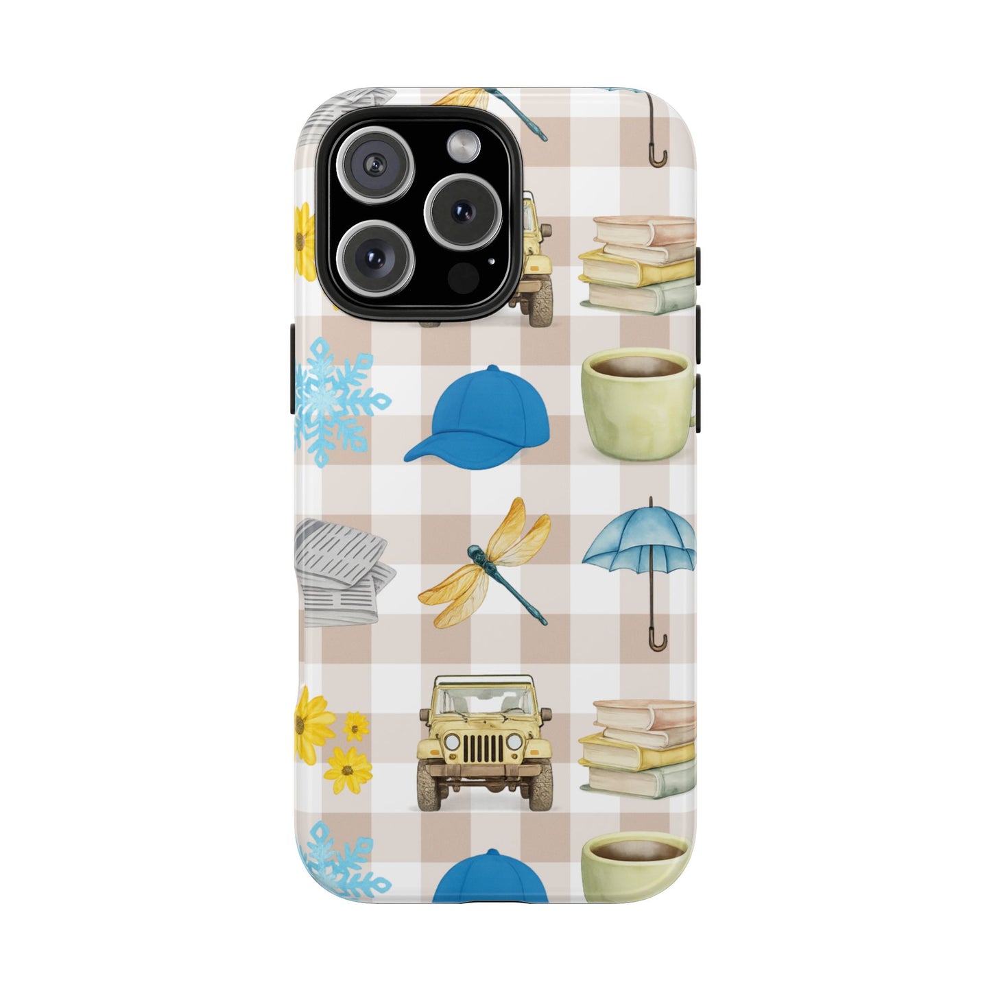 Floral Plaid Tough Phone Case — Coffee, Jeep & Cozy Icons Protective Cover