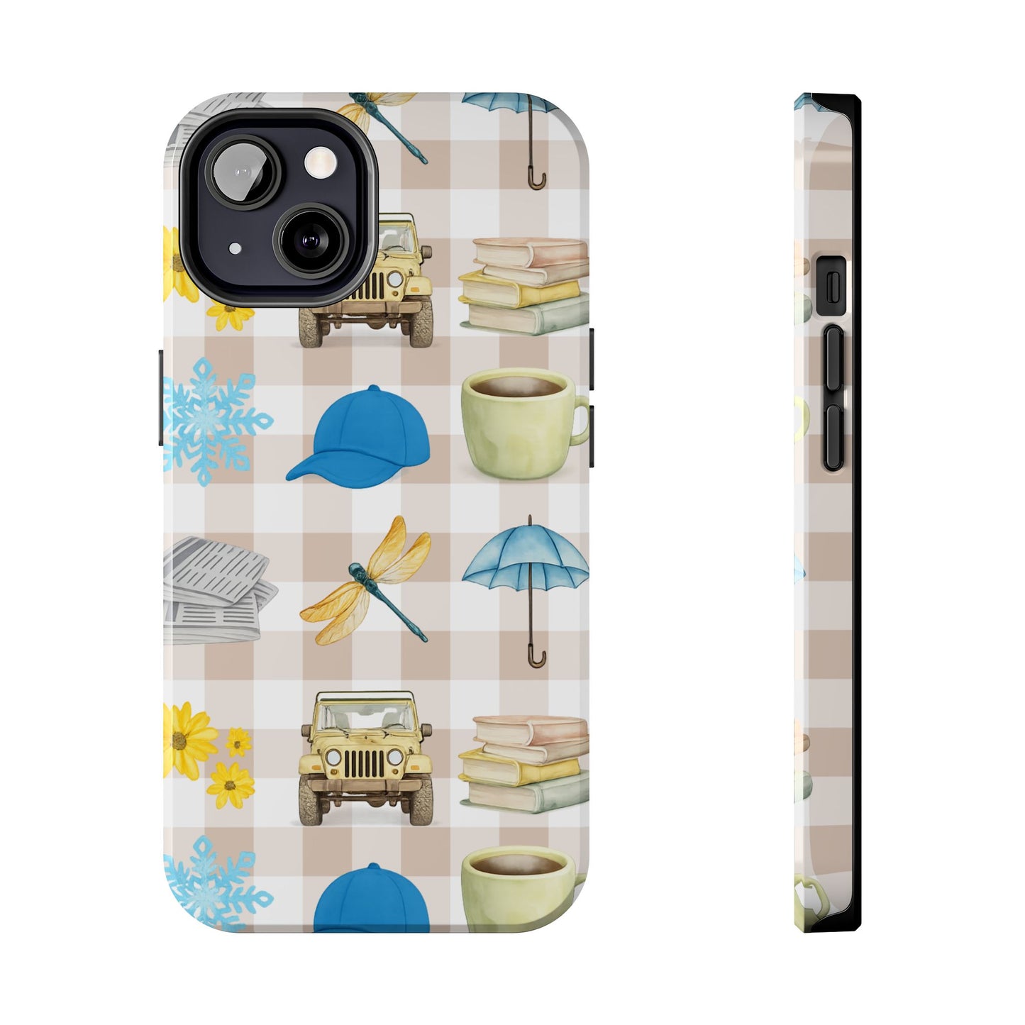 Floral Plaid Tough Phone Case — Coffee, Jeep & Cozy Icons Protective Cover