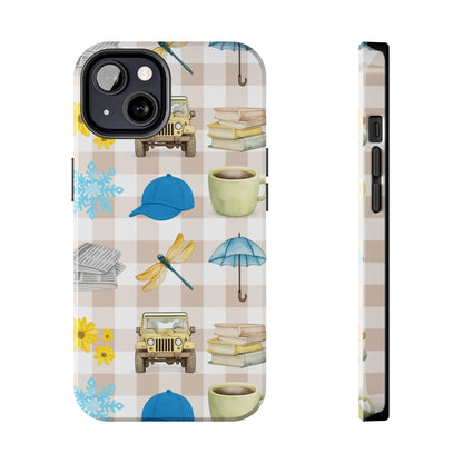 Floral Plaid Tough Phone Case — Coffee, Jeep & Cozy Icons Protective Cover
