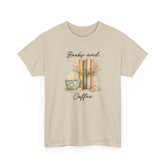 Books and Coffee T-Shirt — Cozy Reading Tee with Cup & Stacked Books