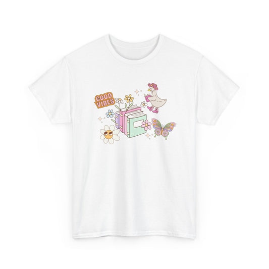 Whimsical Floral Book Lovers T-Shirt ~ Good Vibes Only