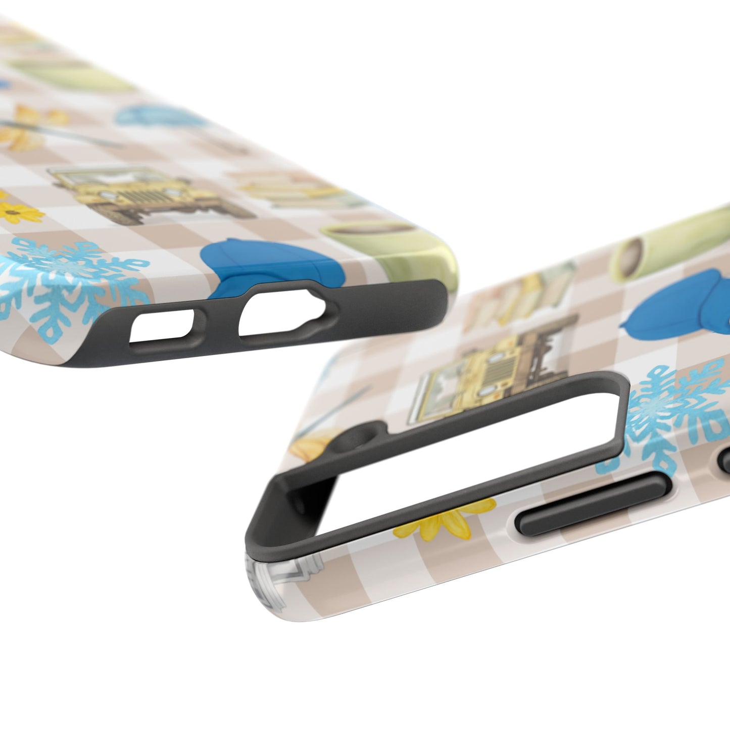 Floral Plaid Tough Phone Case — Coffee, Jeep & Cozy Icons Protective Cover
