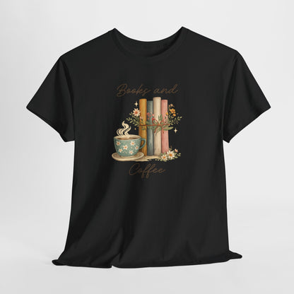 Books and Coffee T-Shirt — Cozy Reading Tee with Cup & Stacked Books