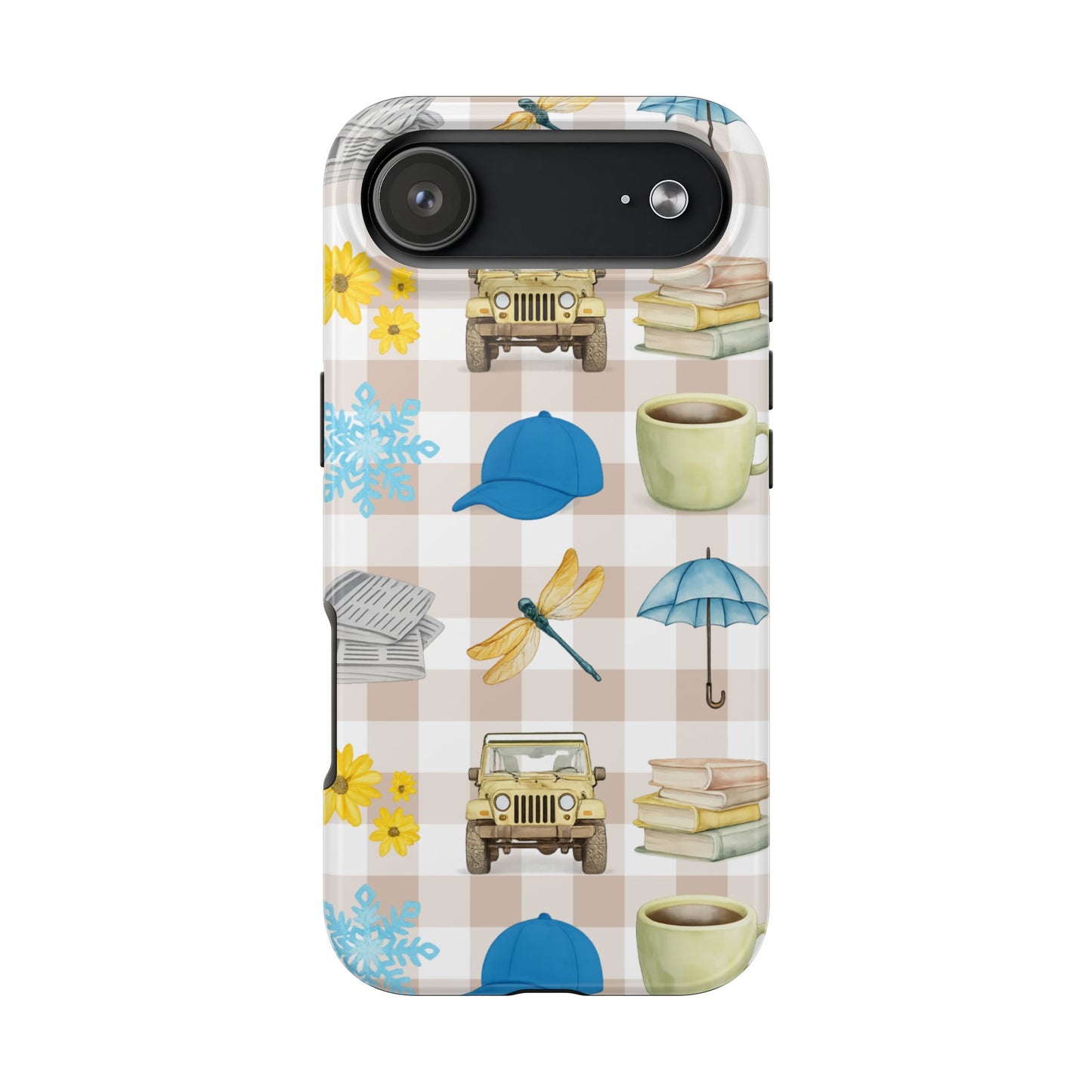 Floral Plaid Tough Phone Case — Coffee, Jeep & Cozy Icons Protective Cover