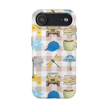 Floral Plaid Tough Phone Case — Coffee, Jeep & Cozy Icons Protective Cover