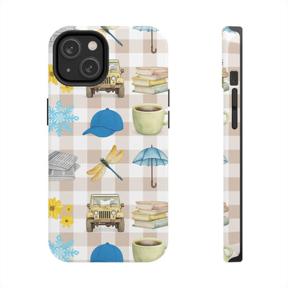Floral Plaid Tough Phone Case — Coffee, Jeep & Cozy Icons Protective Cover