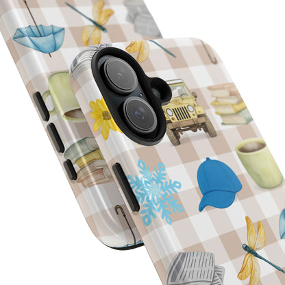 Floral Plaid Tough Phone Case — Coffee, Jeep & Cozy Icons Protective Cover