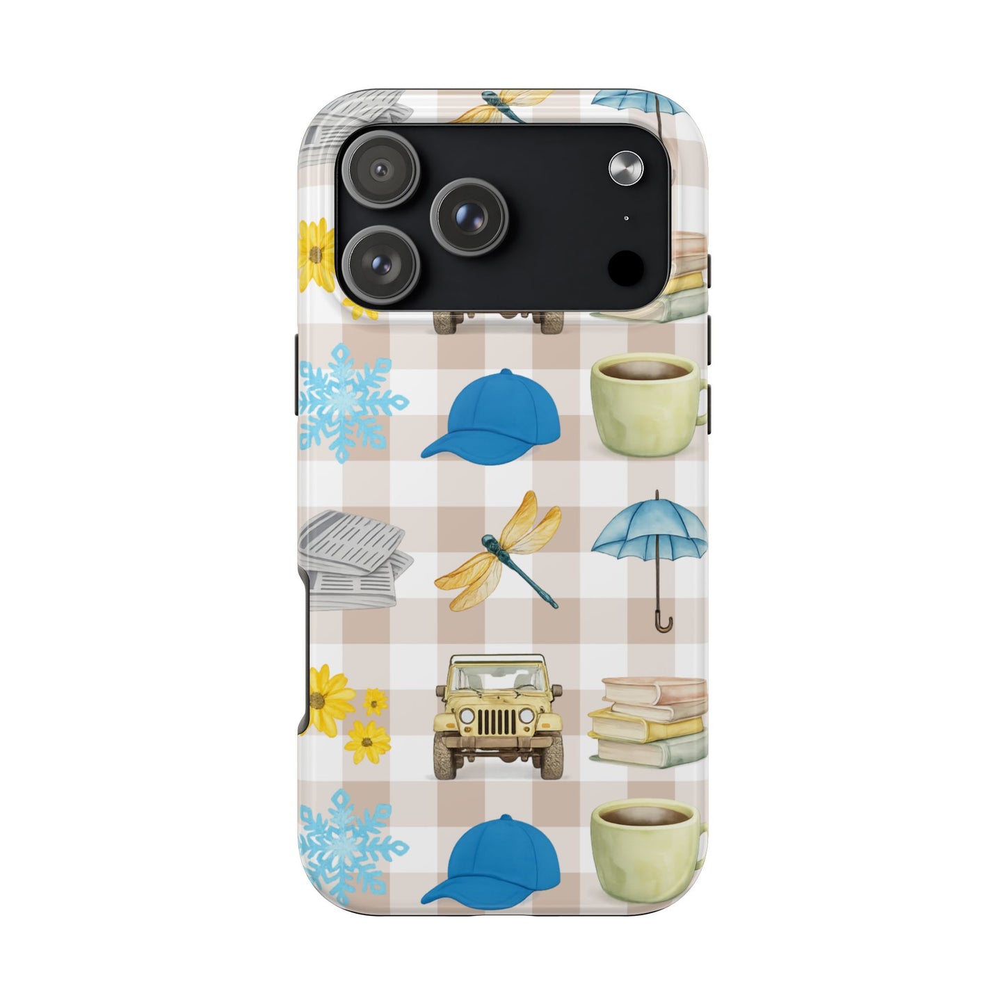 Floral Plaid Tough Phone Case — Coffee, Jeep & Cozy Icons Protective Cover