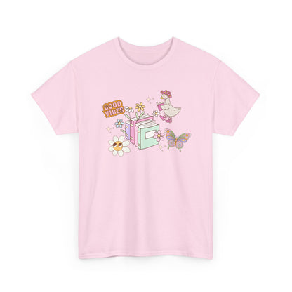 Whimsical Floral Book Lovers T-Shirt ~ Good Vibes Only