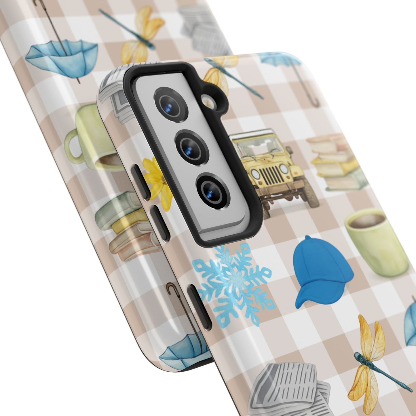 Floral Plaid Tough Phone Case — Coffee, Jeep & Cozy Icons Protective Cover