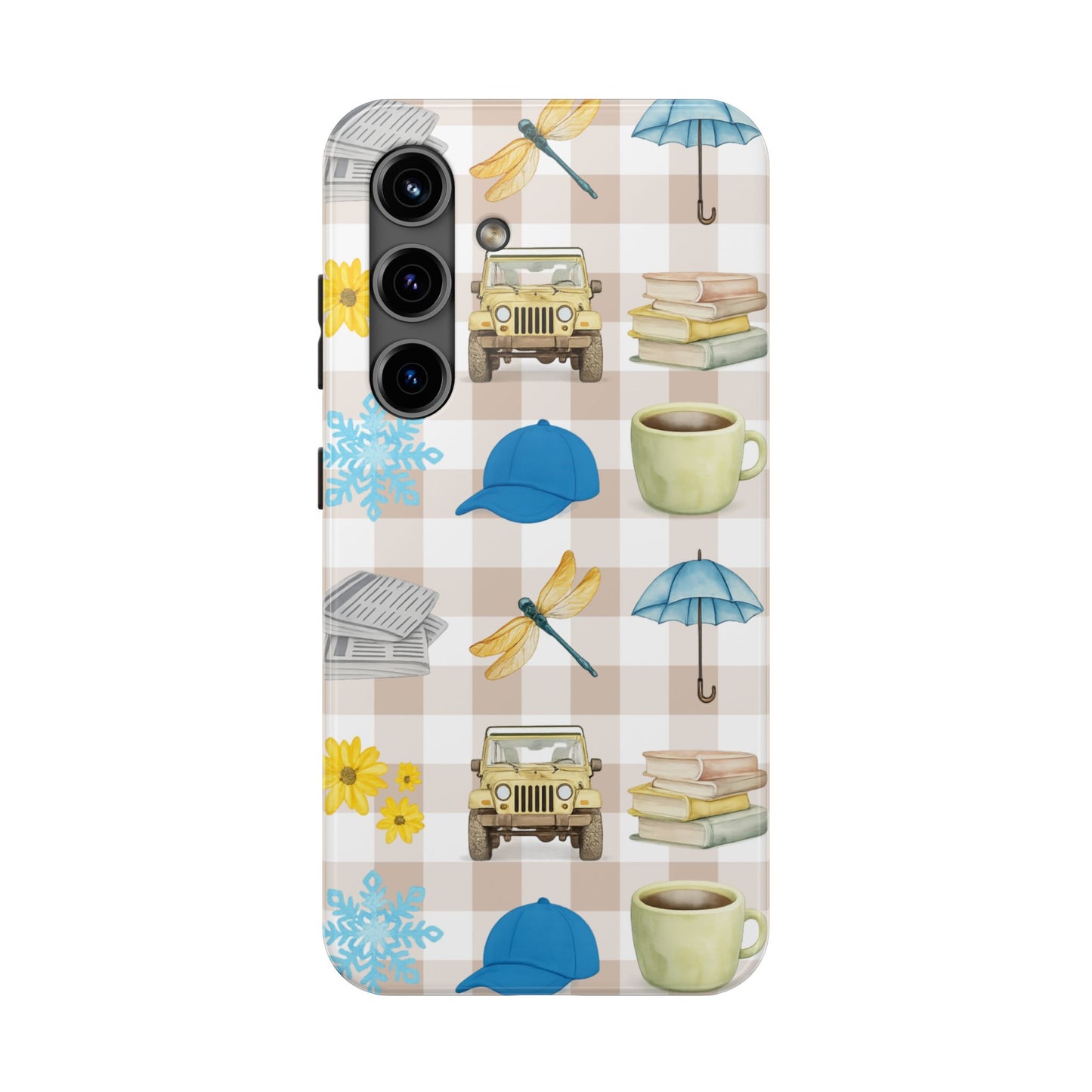 Floral Plaid Tough Phone Case — Coffee, Jeep & Cozy Icons Protective Cover
