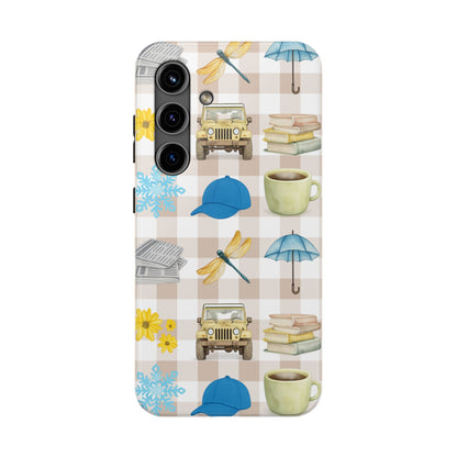 Floral Plaid Tough Phone Case — Coffee, Jeep & Cozy Icons Protective Cover