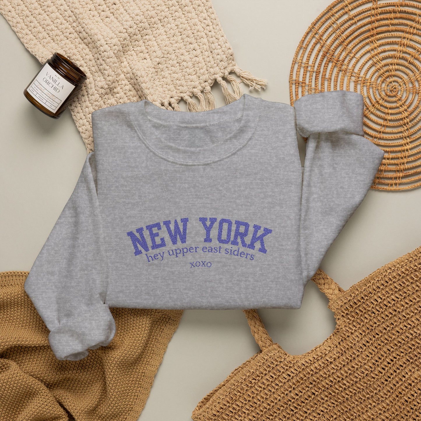New York Upper East Side Embroidered Crewneck Sweatshirt-Blue Font